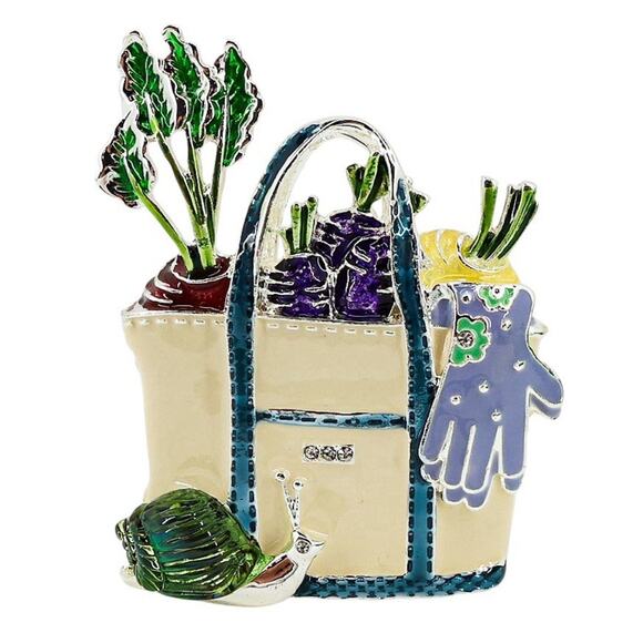 Napier Enamel Gardening Tote Brooch Vegetables Molded Glass Snail Silvertone Pin - Picture 1 of 7